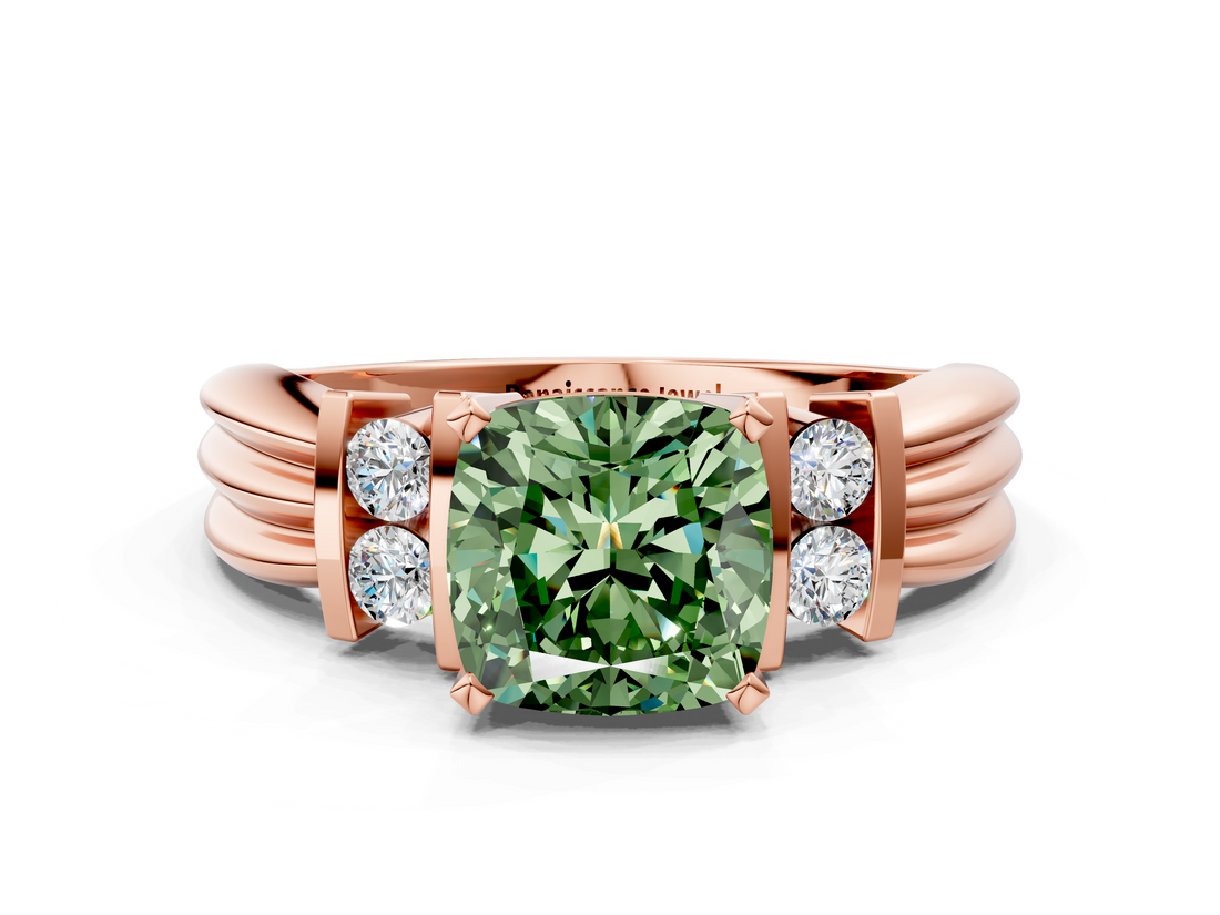 Rose gold Fancy Green Cushion  Cut Three-Stone Channel Set Ring with Bar Prongs_42