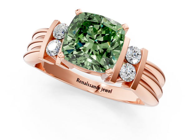 Rose gold Fancy Green Cushion  Cut Three-Stone Channel Set Ring with Bar Prongs