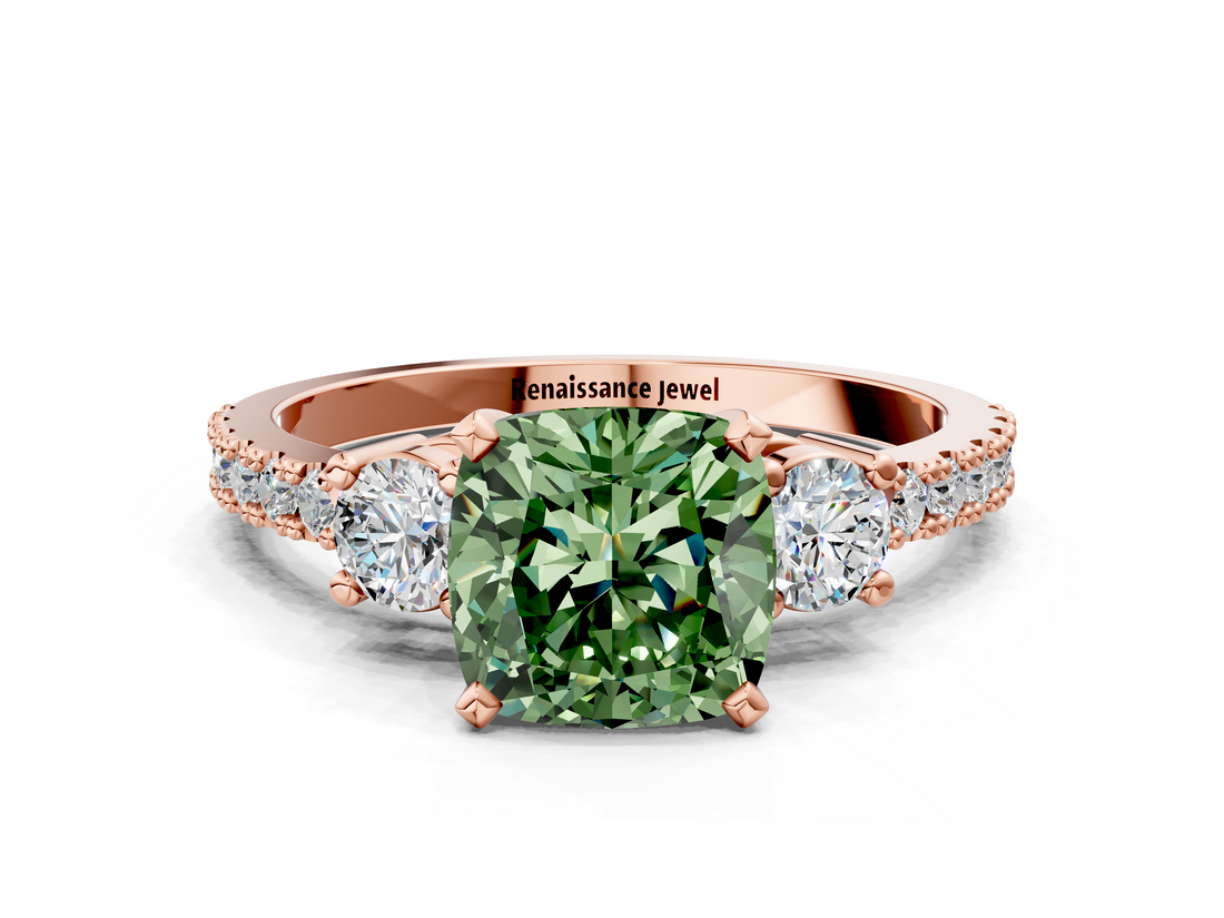 Rose gold Fancy Green Cushion  Cut Three-Stone Diamond Pavé Band with Prong Setting_17