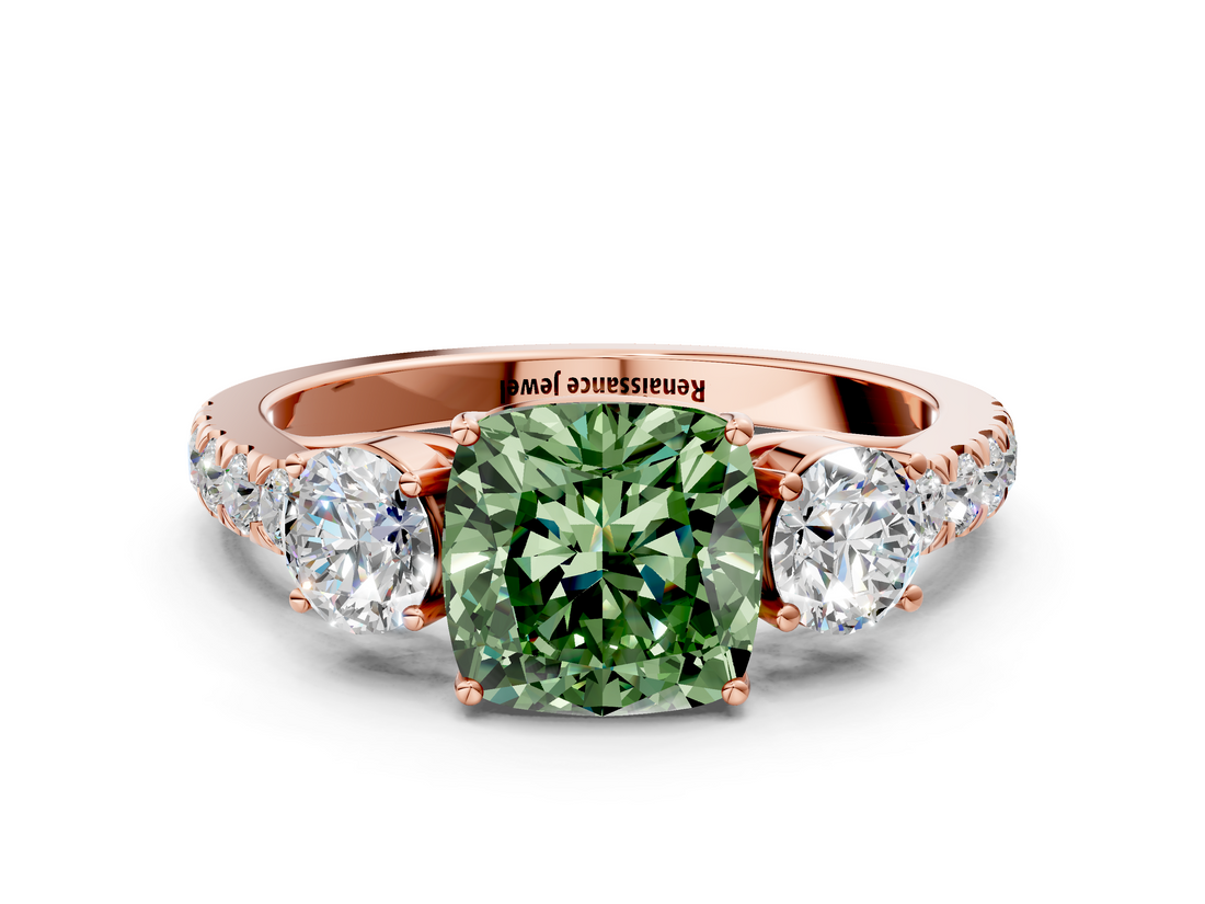 Rose gold Fancy Green Cushion  Cut Three-Stone Diamond Pave Band with Prong Setting_31
