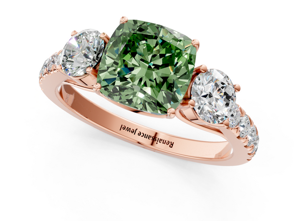 Rose gold Fancy Green Cushion  Cut Diamond Three-Stone Ring with Round Side Stones and Pavé Band
