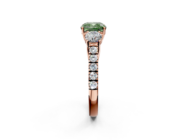 Rose gold Fancy Green Cushion  Cut Diamond Three-Stone Ring with Round Side Stones and Pavé Band