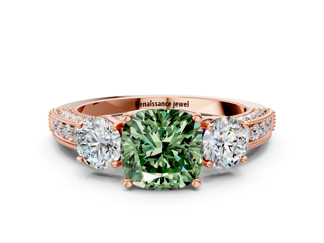 Rose gold Fancy Green Cushion Cut Three-Stone Diamond Ring with Pavé Band and Four-Prong Setting
