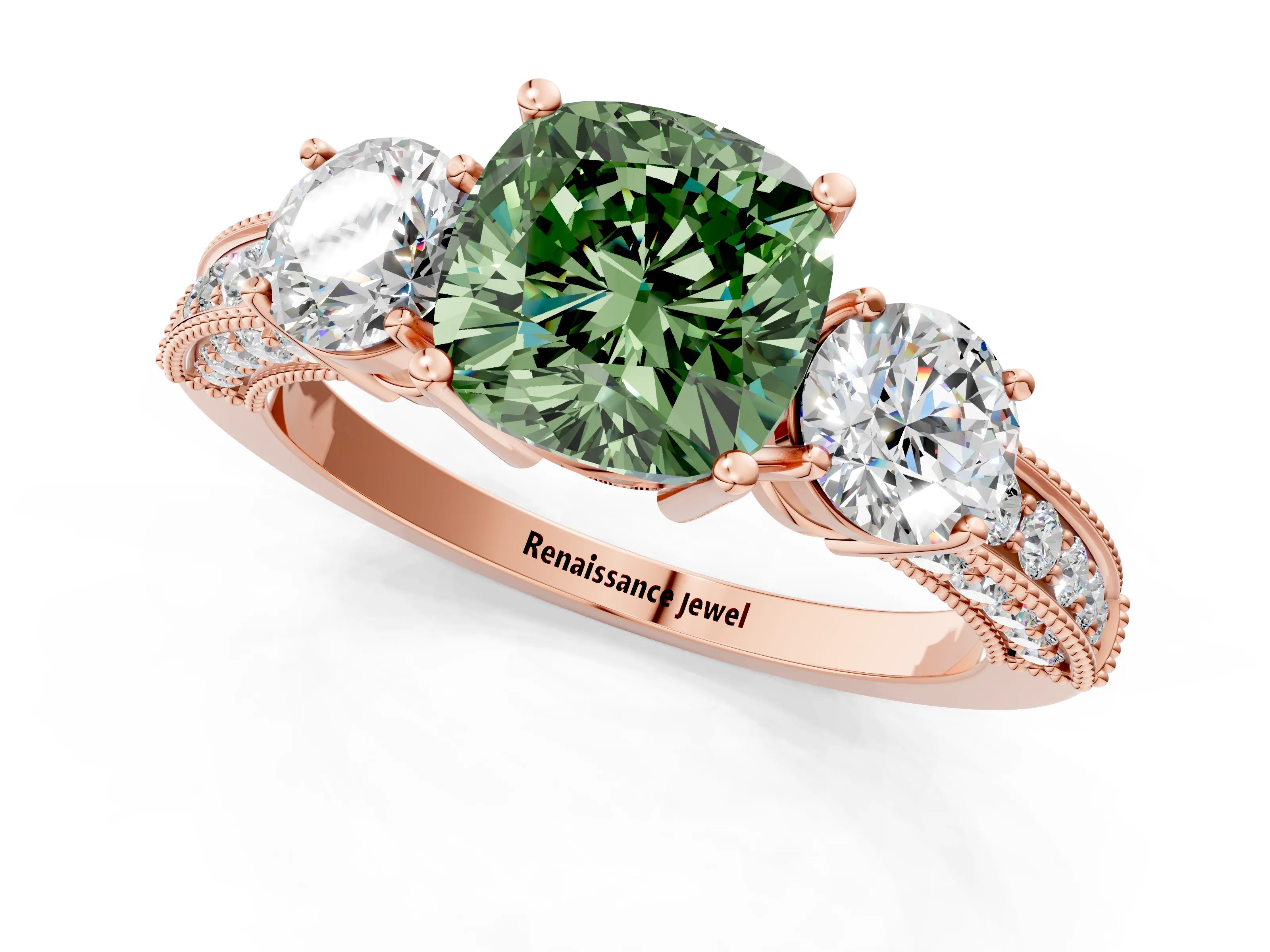 Rose gold Fancy Green Cushion Cut Three-Stone Diamond Ring with Pavé Band and Four-Prong Setting_1
