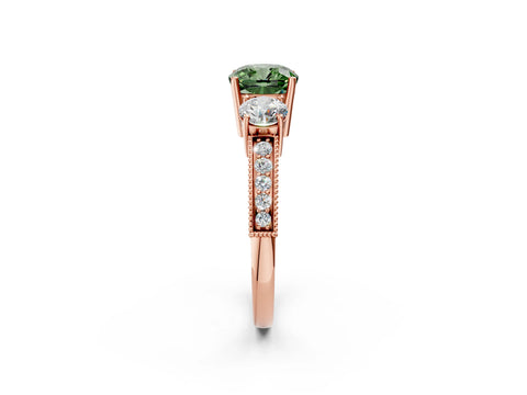Rose gold Fancy Green Cushion Cut Three-Stone Diamond Ring with Pavé Band and Four-Prong Setting_2