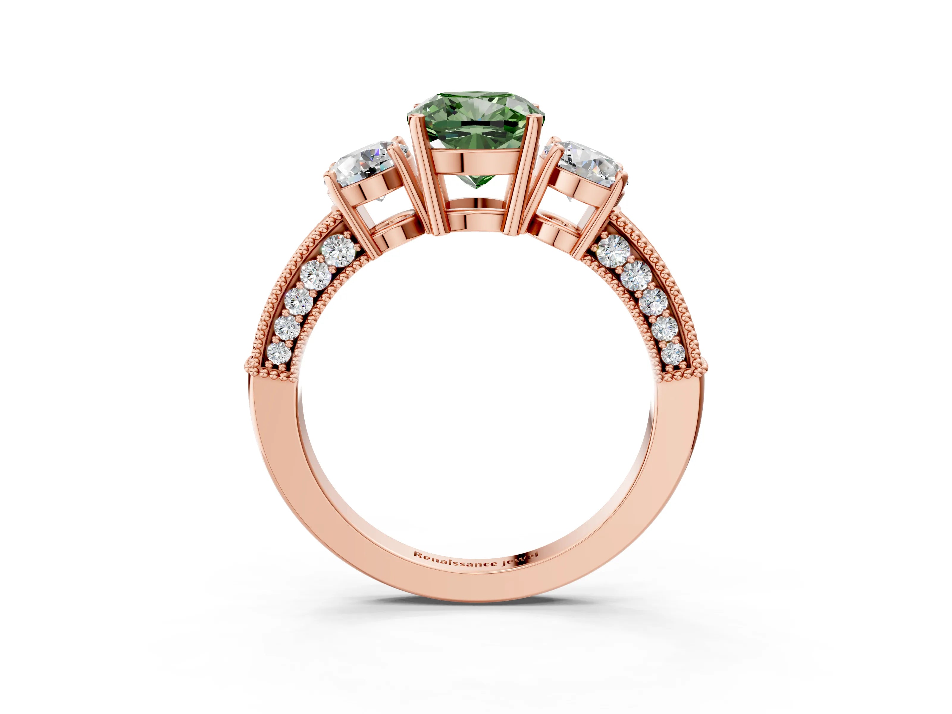 Rose gold Fancy Green Cushion Cut Three-Stone Diamond Ring with Pavé Band and Four-Prong Setting_3