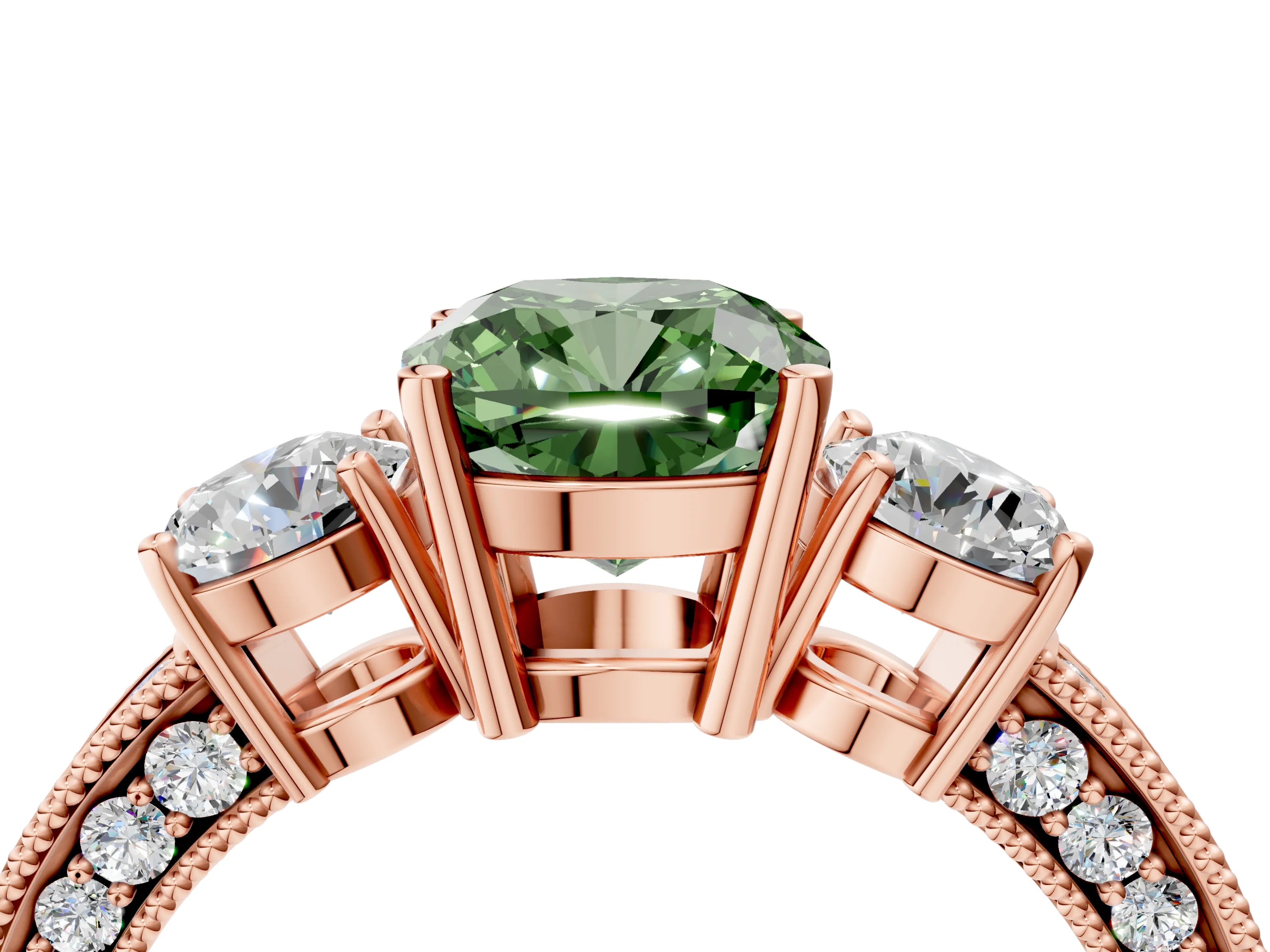 Rose gold Fancy Green Cushion Cut Three-Stone Diamond Ring with Pavé Band and Four-Prong Setting_4
