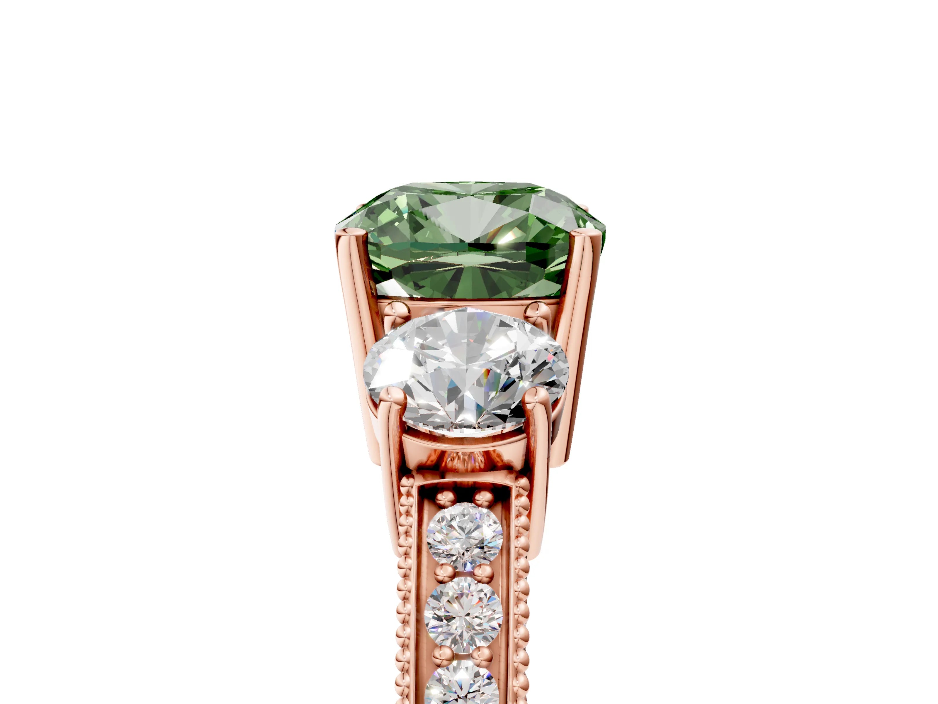 Rose gold Fancy Green Cushion Cut Three-Stone Diamond Ring with Pavé Band and Four-Prong Setting_5