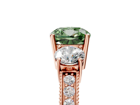 Rose gold Fancy Green Cushion Cut Three-Stone Diamond Ring with Pavé Band and Four-Prong Setting_5