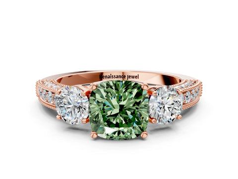 Rose gold Fancy Green Cushion Cut Three-Stone Diamond Ring with Pavé Band and Four-Prong Setting