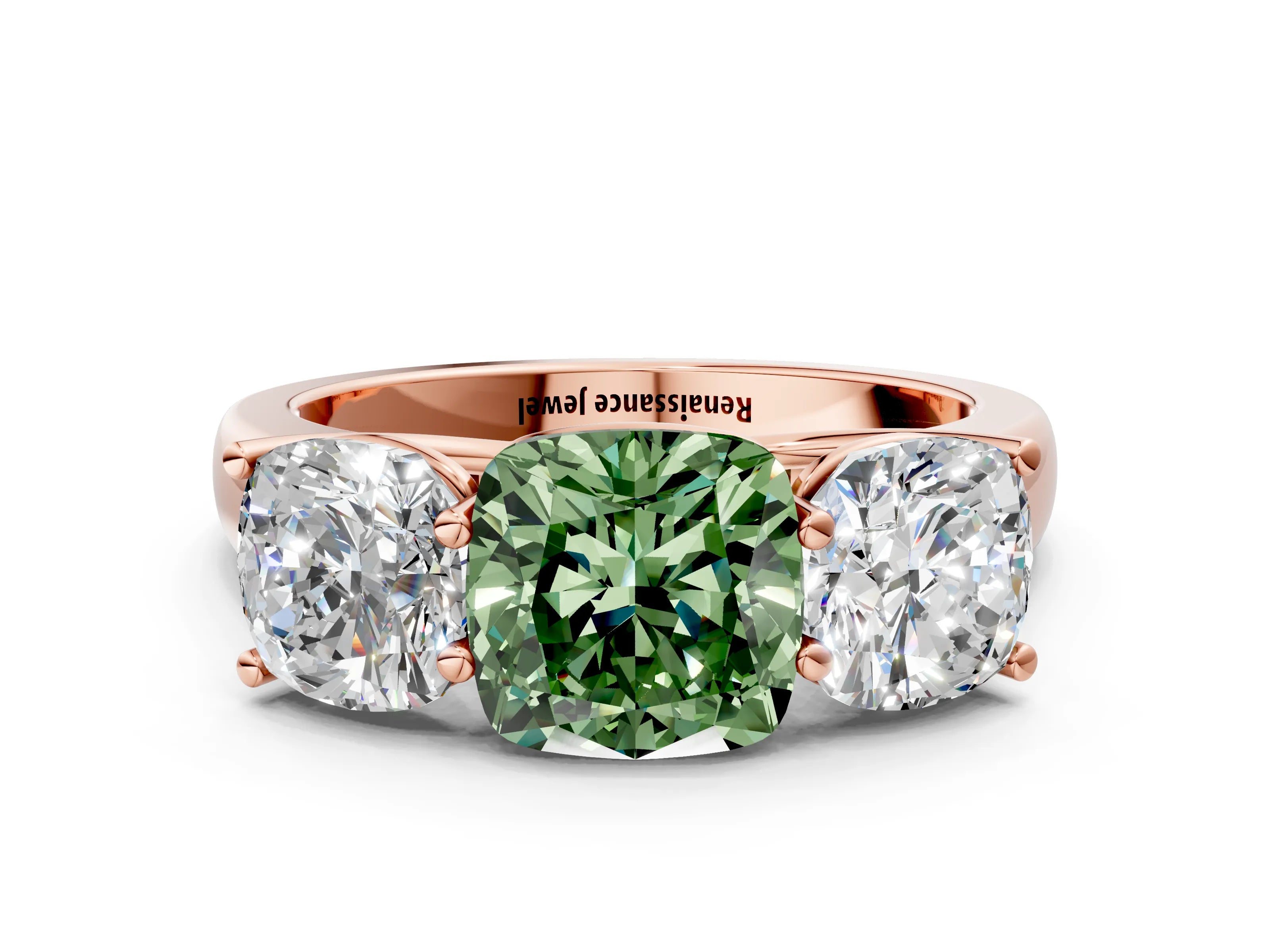 Rose gold Fancy Green Cushion Cut Three-Stone Diamond Ring with Prong Setting on a Classic Band