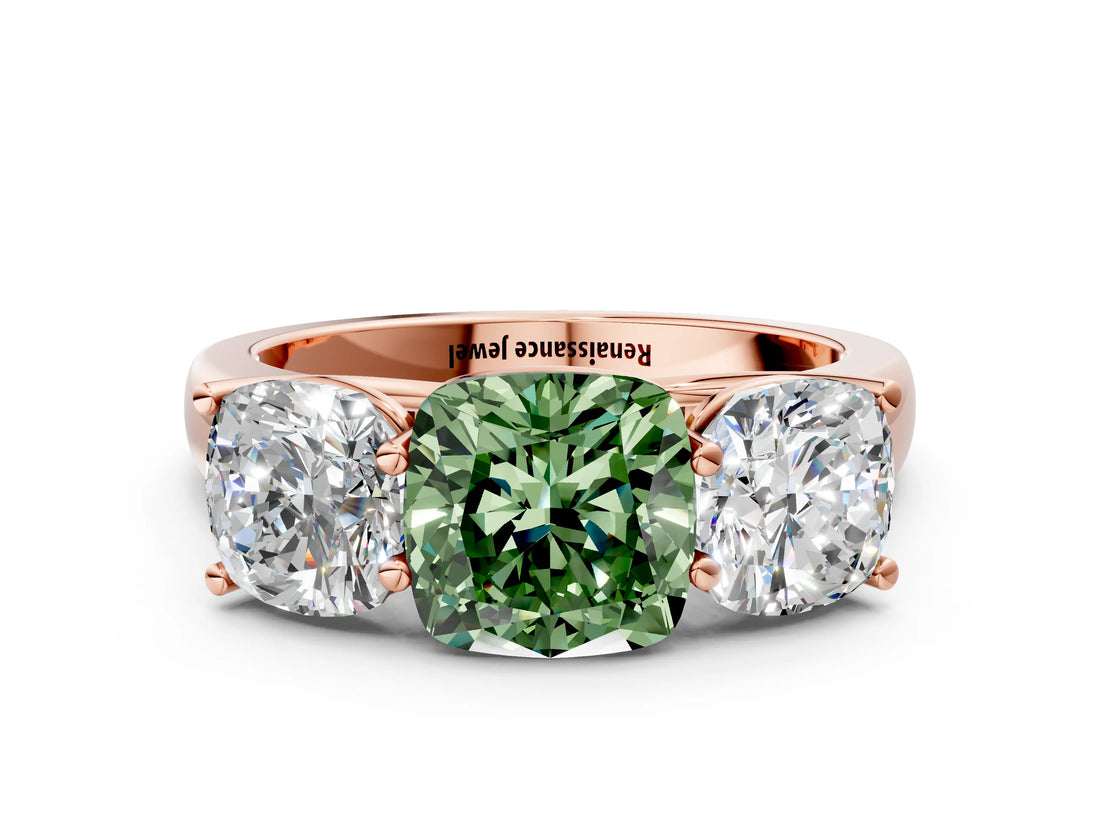 Rose gold Fancy Green Cushion Cut Three-Stone Diamond Ring with Prong Setting on a Classic Band_12