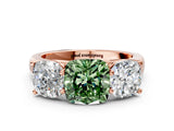 Rose gold Fancy Green Cushion Cut Three-Stone Diamond Ring with Prong Setting on a Classic Band_12