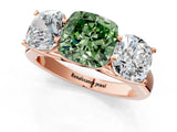 Rose gold Fancy Green Cushion Cut Three-Stone Diamond Ring with Prong Setting on a Classic Band_13