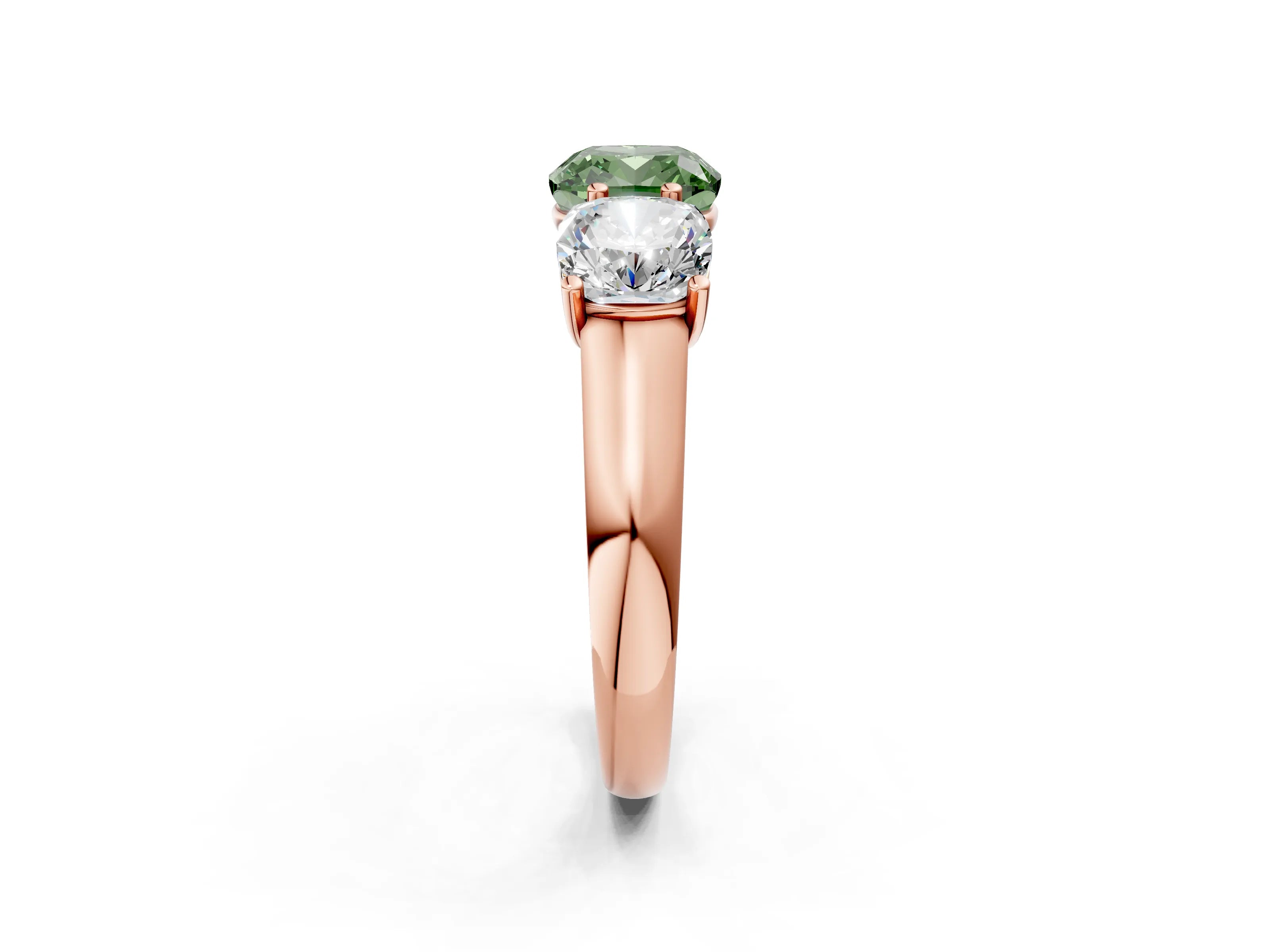 Rose gold Fancy Green Cushion Cut Three-Stone Diamond Ring with Prong Setting on a Classic Band_2
