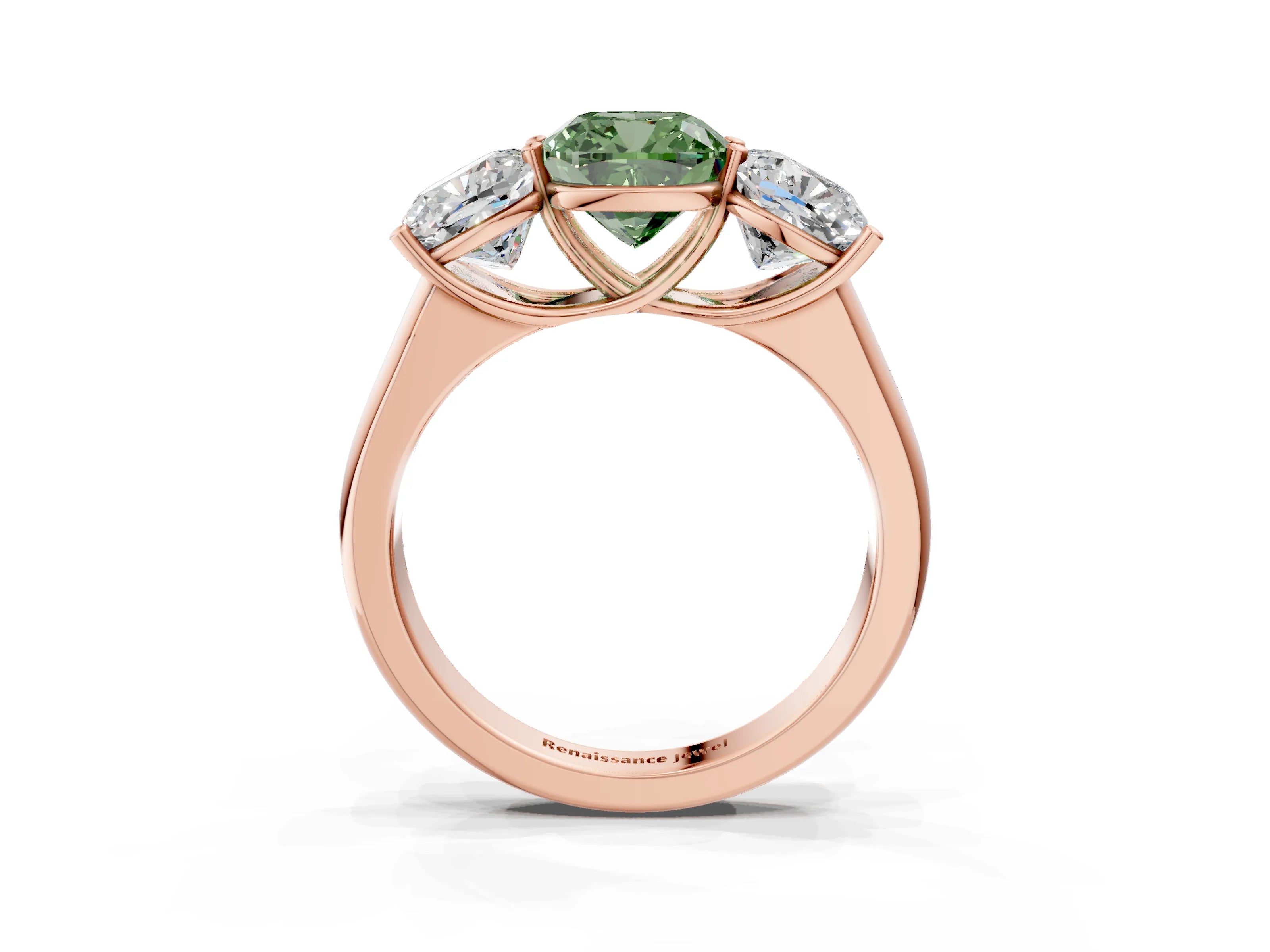 Rose gold Fancy Green Cushion Cut Three-Stone Diamond Ring with Prong Setting on a Classic Band_3