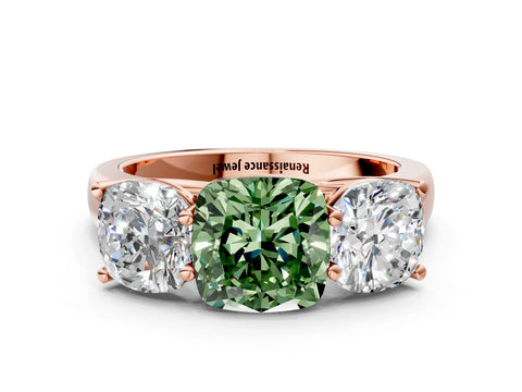 Rose gold Fancy Green Cushion Cut Three-Stone Diamond Ring with Prong Setting on a Classic Band
