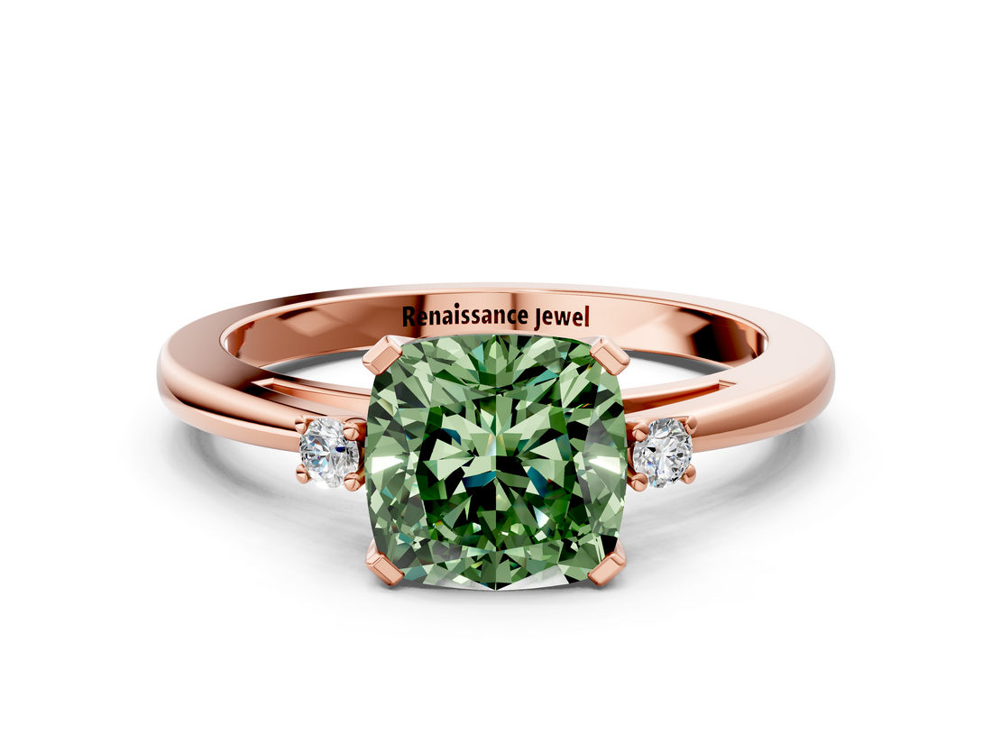 Rose gold Fancy Green Cushion  Cut Three-Stone Solitaire Ring with Round Accent Diamonds and Four-Prong Setting_20
