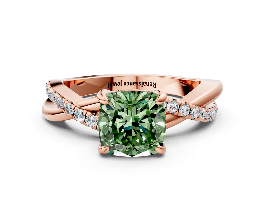 Rose gold Fancy Green Cushion  Cut Twist Band Solitaire Diamond Ring with Pavé Setting_3
