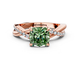Rose gold Fancy Green Cushion  Cut Twist Band Solitaire Diamond Ring with Pavé Setting_3