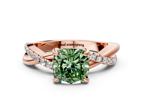Rose gold Fancy Green Cushion  Cut Twist Band Solitaire Diamond Ring with Pavé Setting