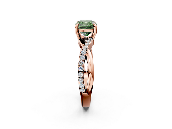 Rose gold Fancy Green Cushion  Cut Twist Band Solitaire Diamond Ring with Pavé Setting