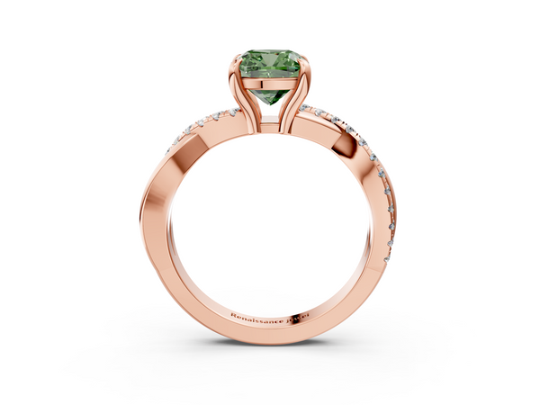 Rose gold Fancy Green Cushion  Cut Twist Band Solitaire Diamond Ring with Pavé Setting