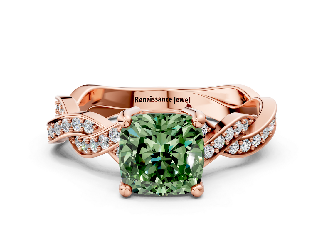 Rose gold Fancy Green Cushion  Cut Twisted Pavé Band Solitaire Ring with Four-Prong Setting_55