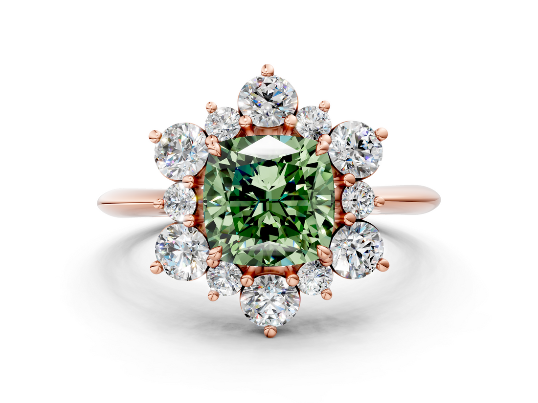 Rose gold Fancy Green Cushion  Diamond Cluster Halo Ring with Solitaire Band and Four-Prong Setting_20