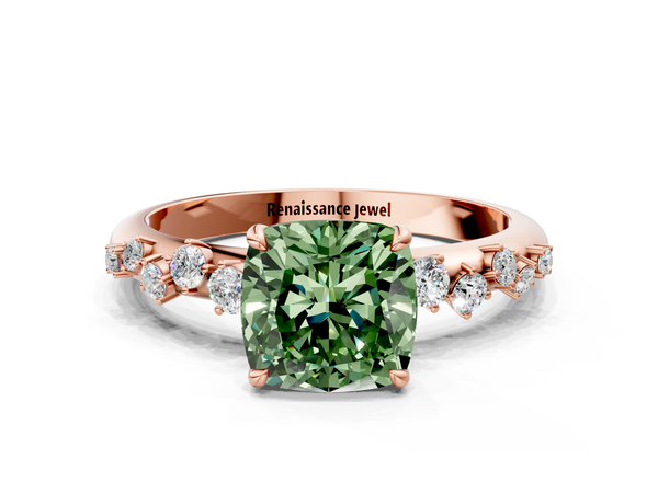 Rose gold Fancy Green Cushion  Diamond Cluster Prong-Set Solitaire Ring