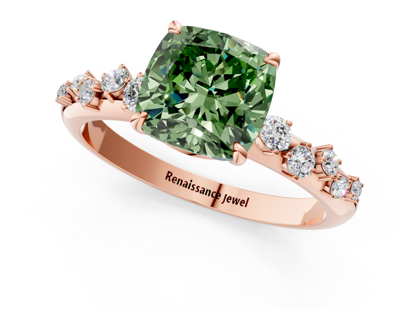 Rose gold Fancy Green Cushion  Diamond Cluster Prong-Set Solitaire Ring