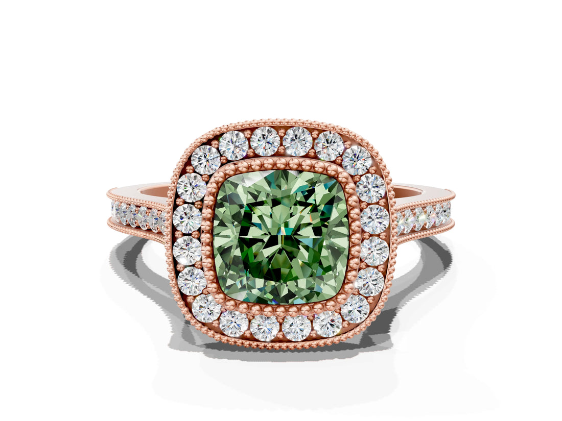 Rose gold Fancy Green Cushion  Diamond Halo Ring with Milgrain Frame and Pavé Band_60