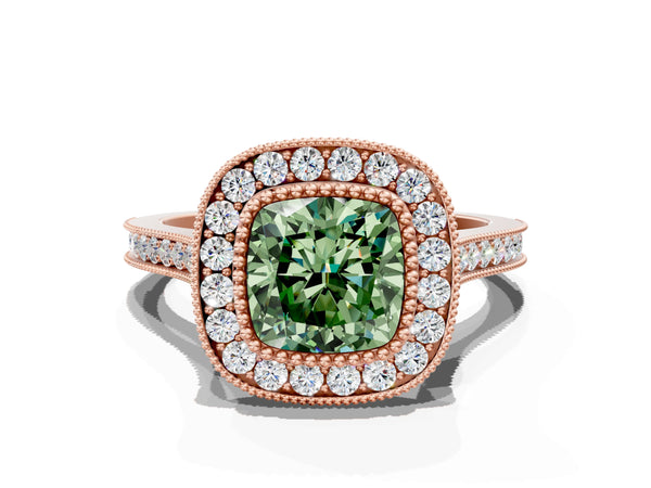 Rose gold Fancy Green Cushion  Diamond Halo Ring with Milgrain Frame and Pavé Band