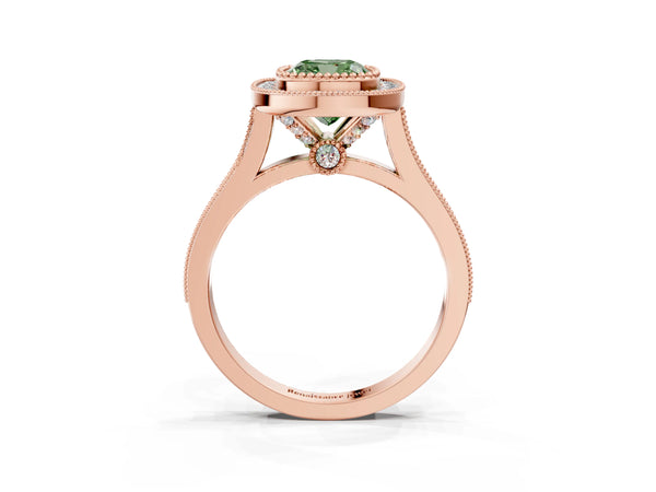 Rose gold Fancy Green Cushion  Diamond Halo Ring with Milgrain Frame and Pavé Band