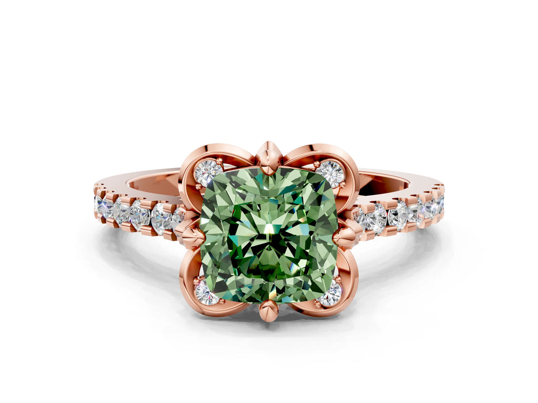 Rose gold Fancy Green Cushion  Diamond Pave Band with Floral Prong Setting_27
