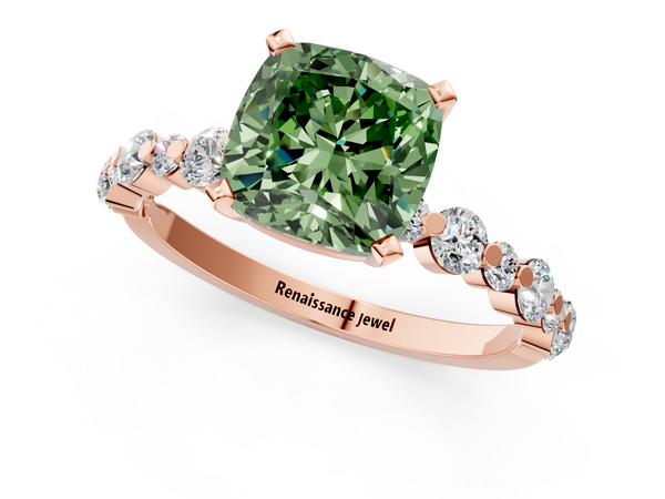 Rose gold Fancy Green Cushion Cut Diamond Prong Set Engagement Ring with Pavé Band