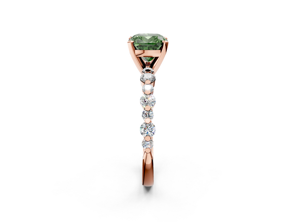 Rose gold Fancy Green Cushion Cut Diamond Prong Set Engagement Ring with Pavé Band