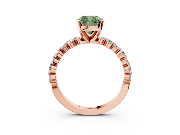 Rose gold Fancy Green Cushion Cut Diamond Prong Set Engagement Ring with Pavé Band