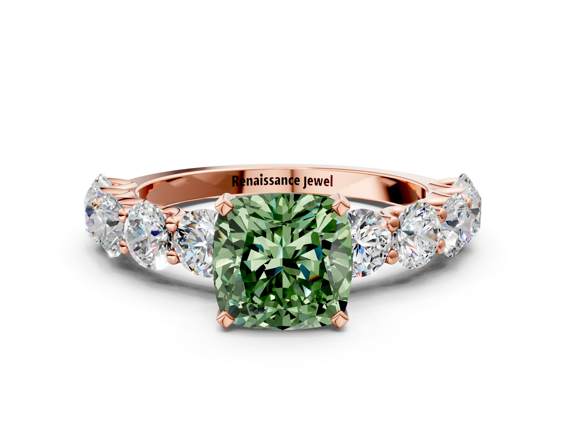 Rose gold Fancy Green Cushion  Diamond Prong Setting with Side Stones on a Pave Band_131
