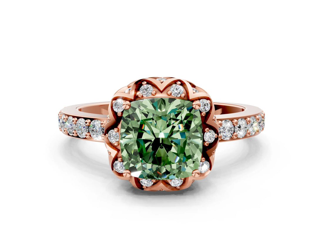 Rose gold Fancy Green Cushion  Diamond Solitaire Ring with Shared Prong Pavé Band_54