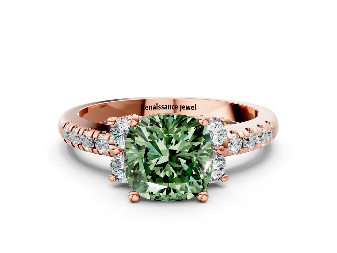 Rose gold Fancy Green Cushion  Diamond Three-Stone Pave Band with Four-Prong Setting_20