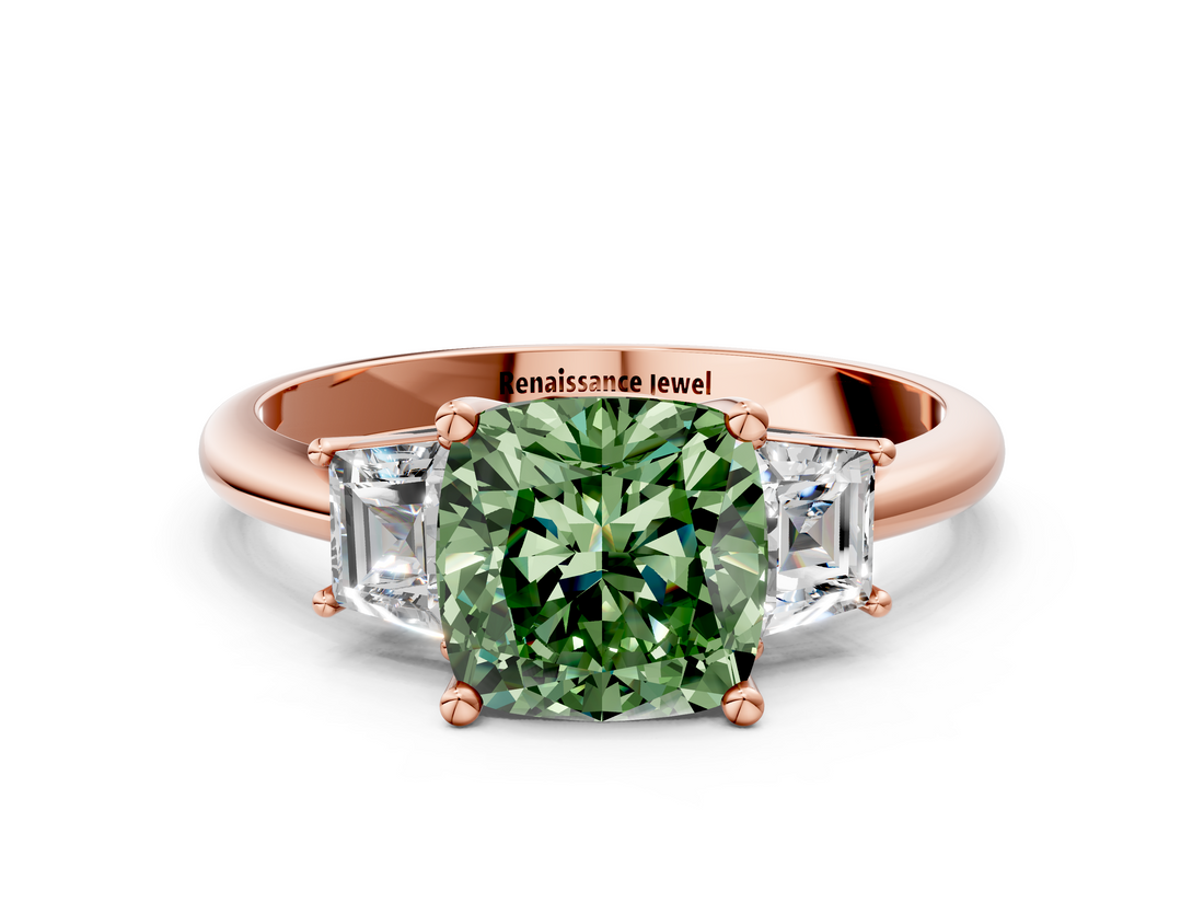 Rose gold Fancy Green Cushion  Diamond Three-Stone Ring with Trapezoid Side Stones and Prong Setting_33