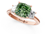 Rose gold Fancy Green Cushion  Diamond Three-Stone Ring with Trapezoid Side Stones and Prong Setting_34