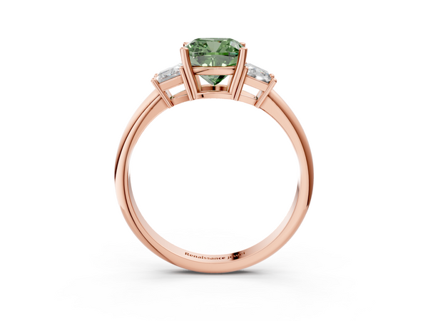 Rose gold Fancy Green Cushion  Diamond Three-Stone Ring with Trapezoid Side Stones and Prong Setting