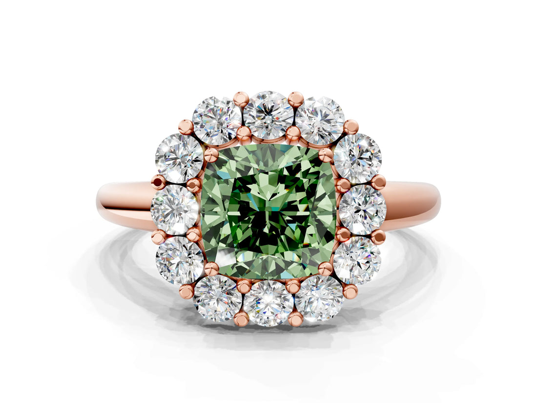 Rose gold Fancy Green Cushion  Halo Cluster Diamond Engagement Ring with Prong Setting and Polished Band_57