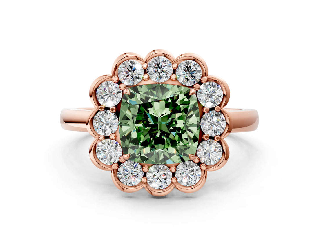 Rose gold Fancy Green Cushion  Halo Cluster Diamond Engagement Ring with Solitaire Band and Prong Setting_49