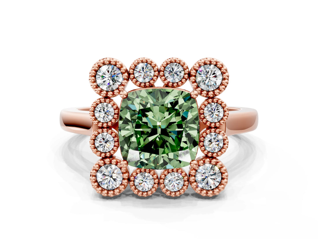 Rose gold Fancy Green Cushion  Halo Diamond Cluster Engagement Ring with Milgrain Bezel Setting and Solitaire Band_75