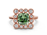 Rose gold Fancy Green Cushion  Halo Diamond Cluster Engagement Ring with Milgrain Bezel Setting and Solitaire Band_75