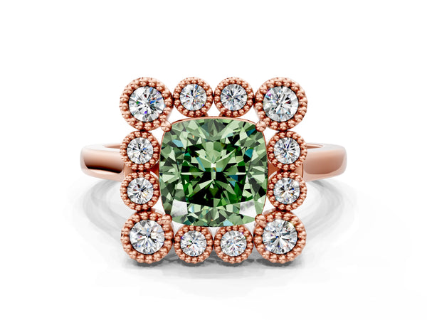 Rose gold Fancy Green Cushion  Halo Diamond Cluster Engagement Ring with Milgrain Bezel Setting and Solitaire Band
