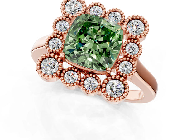 Rose gold Fancy Green Cushion  Halo Diamond Cluster Engagement Ring with Milgrain Bezel Setting and Solitaire Band